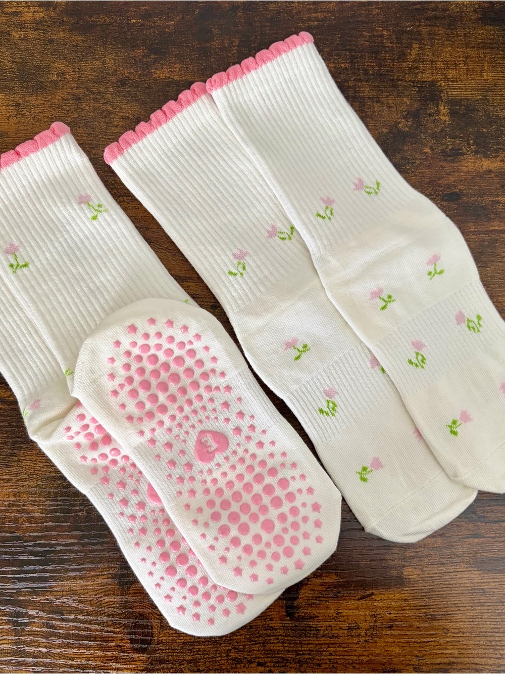 White Grip Socks with Pink Floral Trim